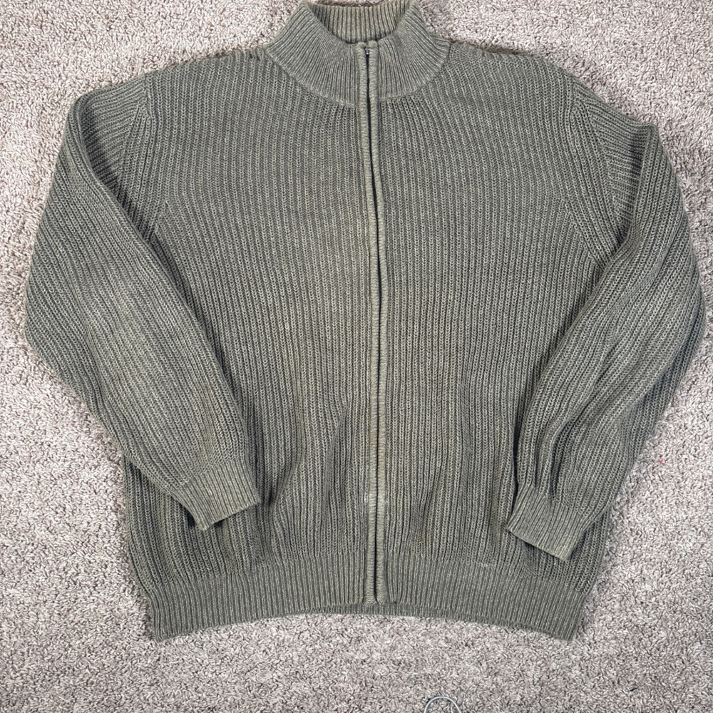 LL Bean Mens XL Green Shaker Knit Full Zip Mock Neck Cardigan Sweater YR26